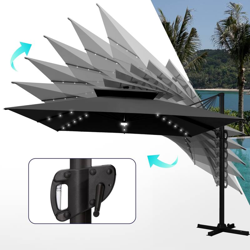 VredHom 11X11 FT Outdoor Square Cantilever Patio Umbrella Aluminum Solar LED Light with HDPE Base