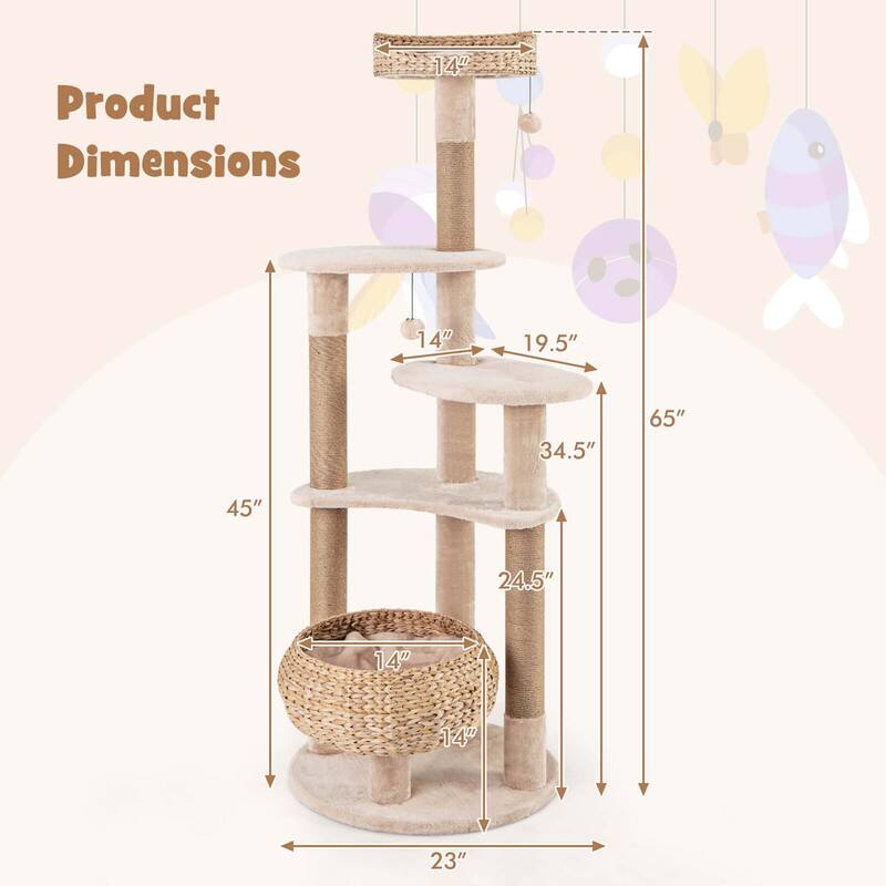 Costway 65" Cattail Cat Tower with Jute Scratching Posts Perch Basket - See Details