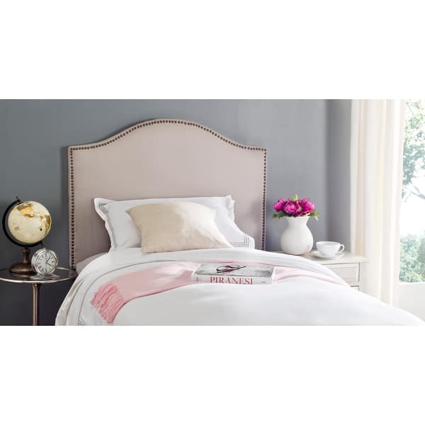 slide 2 of 4, SAFAVIEH Connie Taupe Camelback Upholstered Headboard - Silver Nailhead (Twin)