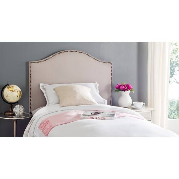 slide 2 of 3, SAFAVIEH Terza Taupe Camelback Upholstered Headboard - Silver Nailhead (Twin)