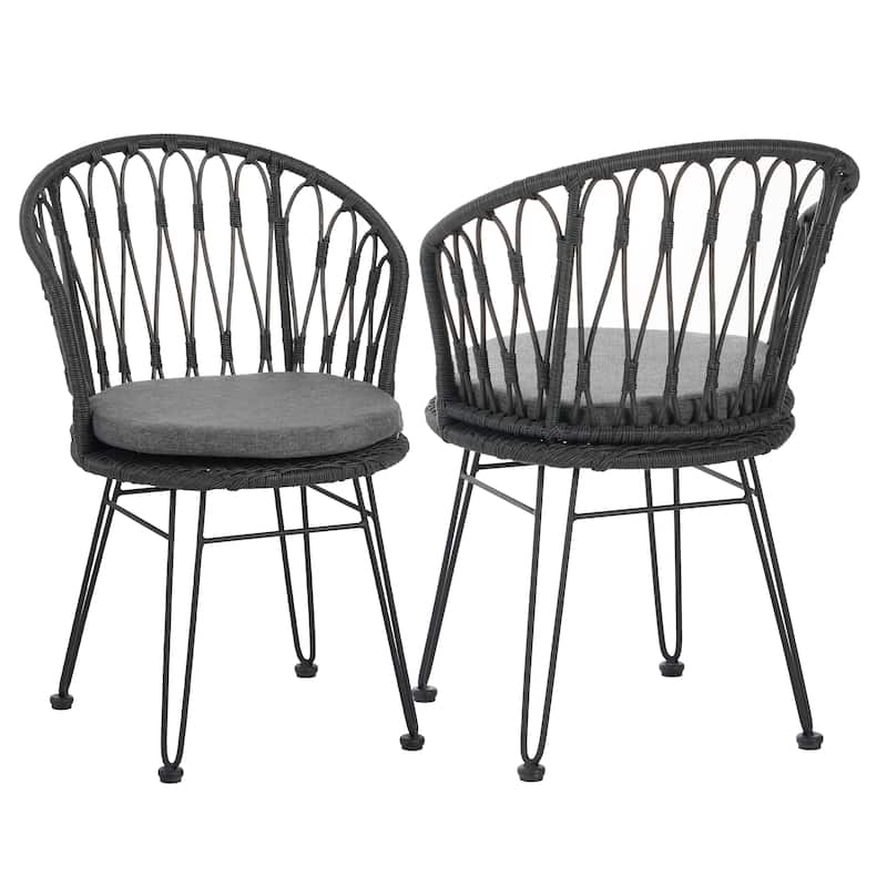 TAVON CHAIR 2PCS Set with Cushions Gray PE Rattan and Iron Outdoor Garden Furniture Boho Industrial Style