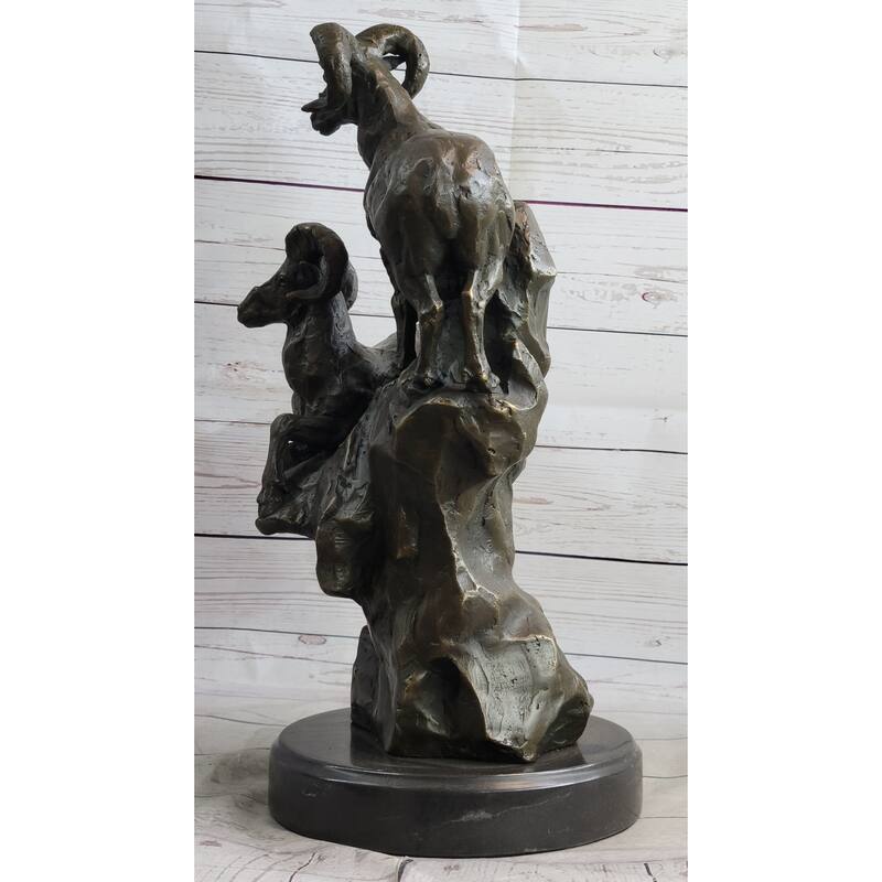 Rams Goats On Rocks Bronze Sculpture Statue Wildlife Art Decor On Marble Base