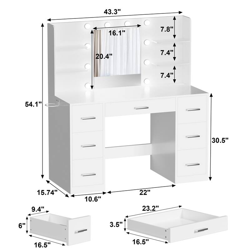 Furniwell Makeup Vanity with Mirror and Drawers Vanity Desk Set with 3 Modes Adjustable Brightness Lights and USB Power Outlet