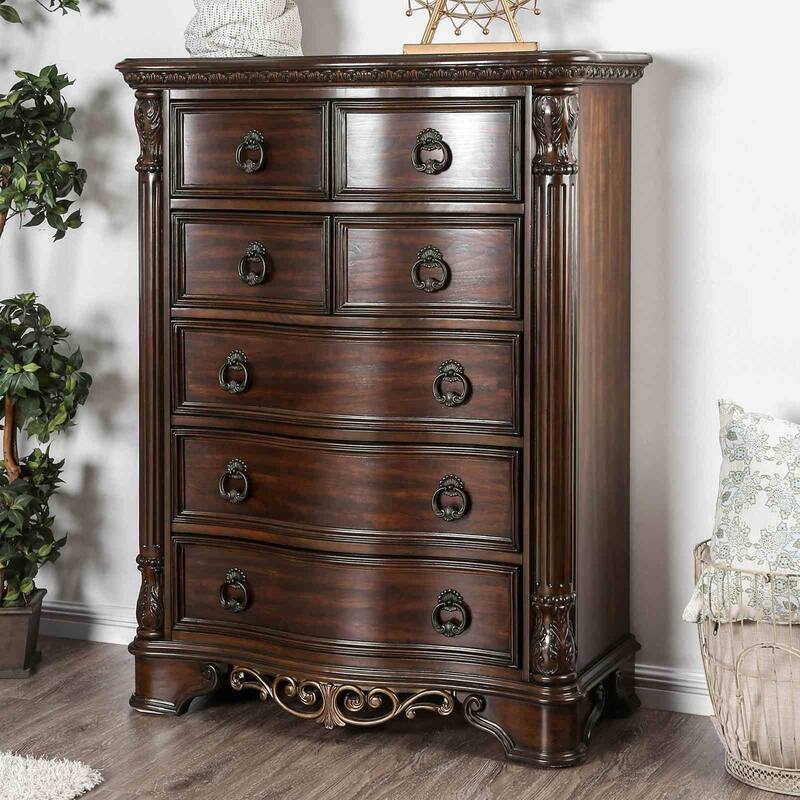 Brown Cherry Finish Royal Bedroom Set Bed Nightstand Dresser Mirror Chest