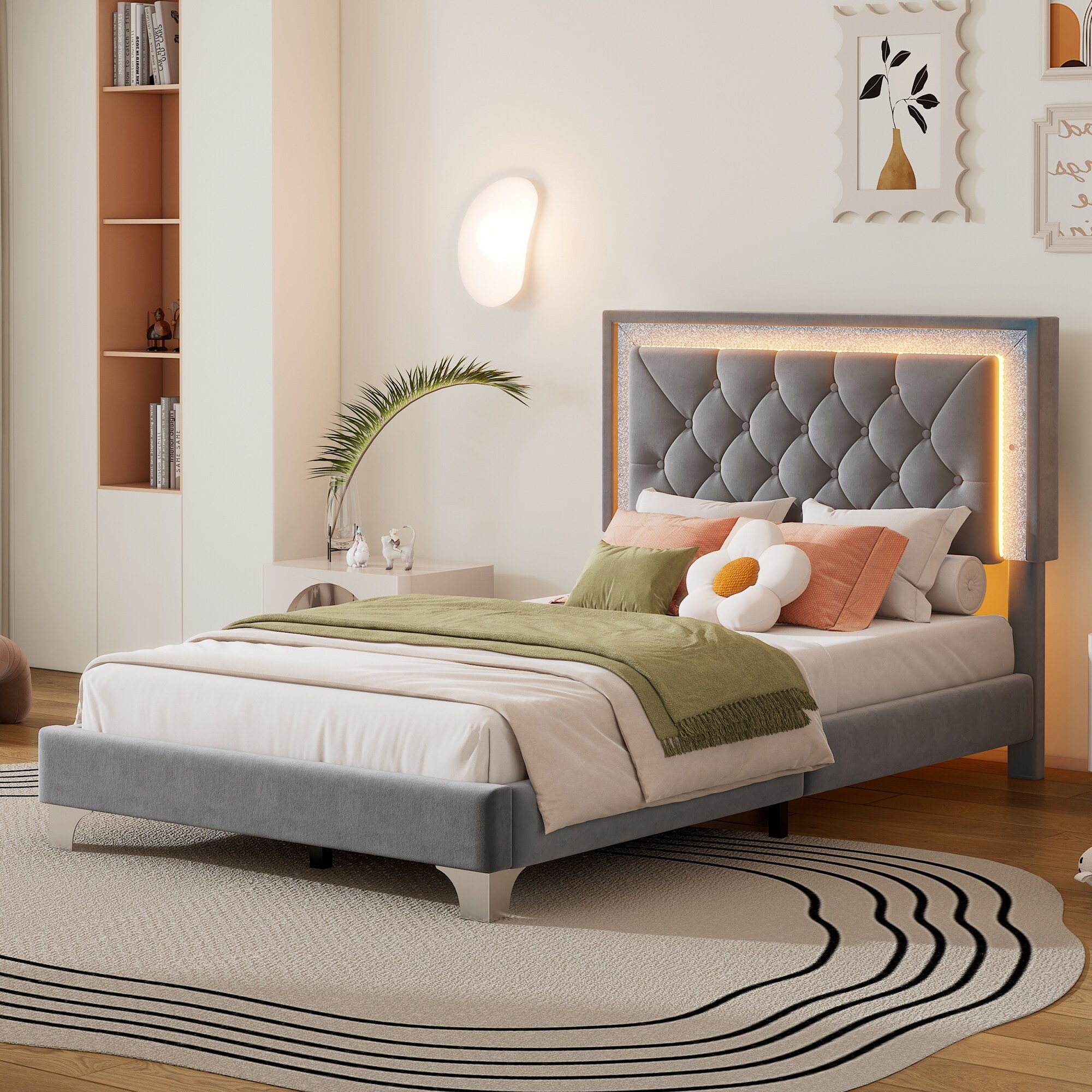 Twin Size Upholstered Platform Bed with LED Lights,Tufted