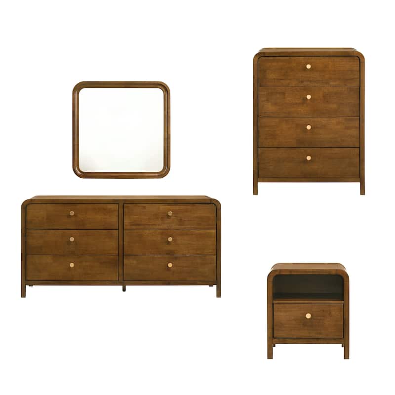 Roundhill Furniture Eldren Wood Bedroom Set, Platform Bed with Dresser, Mirror, Two Nightstands, Chest in Walnut Finish