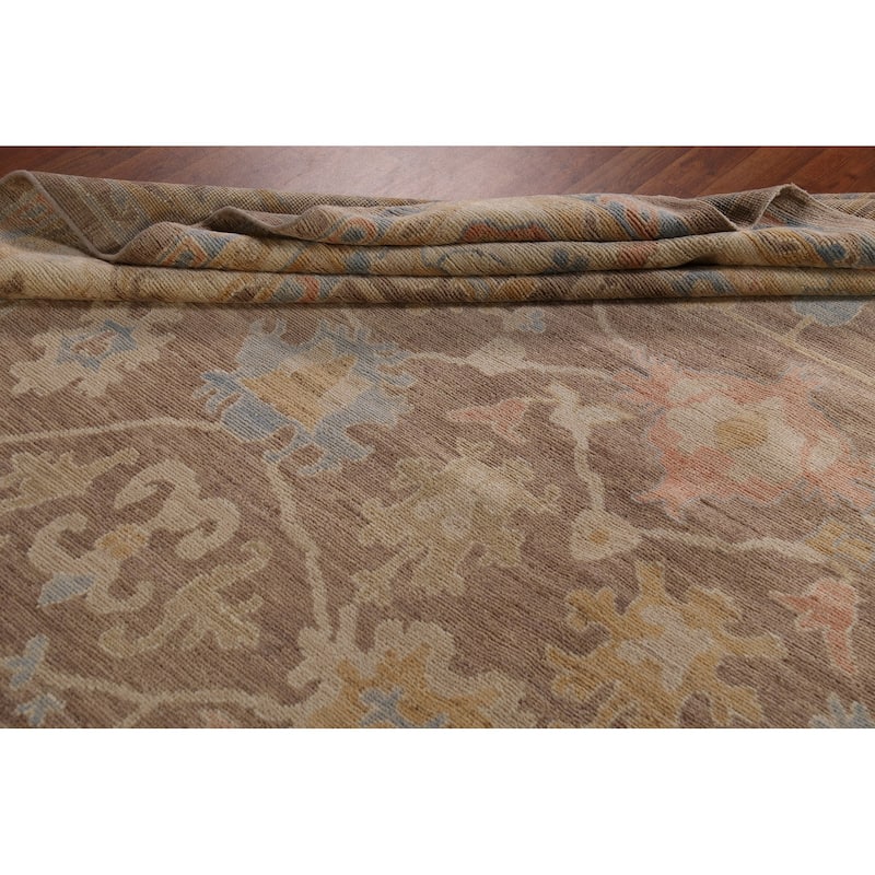 Floral Oushak Vegetable Dye Area Rug Hand-Knotted Brown Wool Carpet - 9'0"x 13'0"