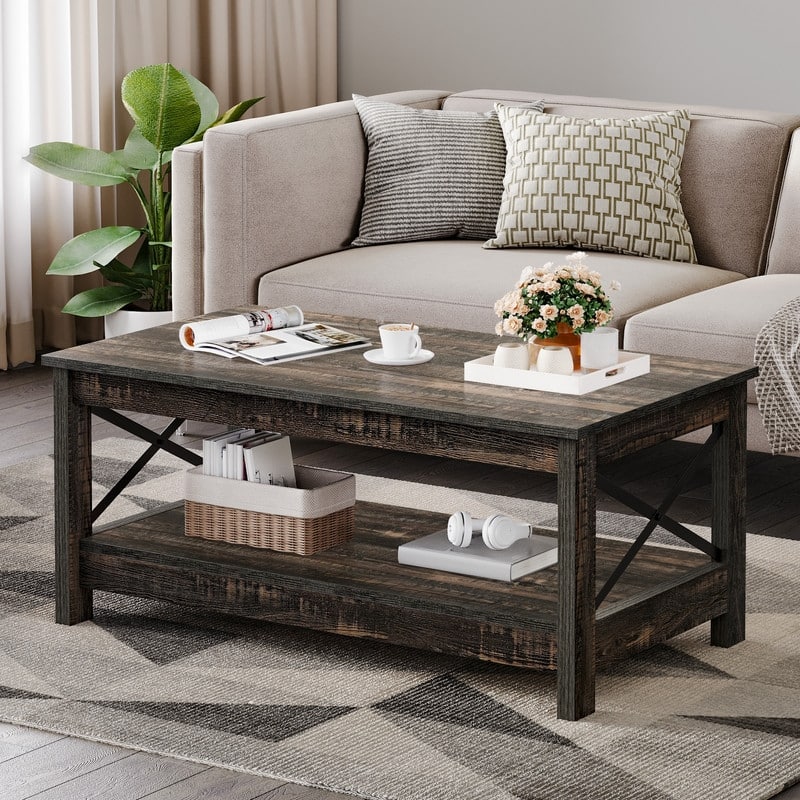 Farmhouse Coffee Table with Storage 2-Tier Center Table for Living Room - Rustic Oak