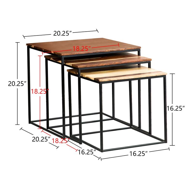 3 Piece Square Nesting Table with Metal Base in Natural and Black