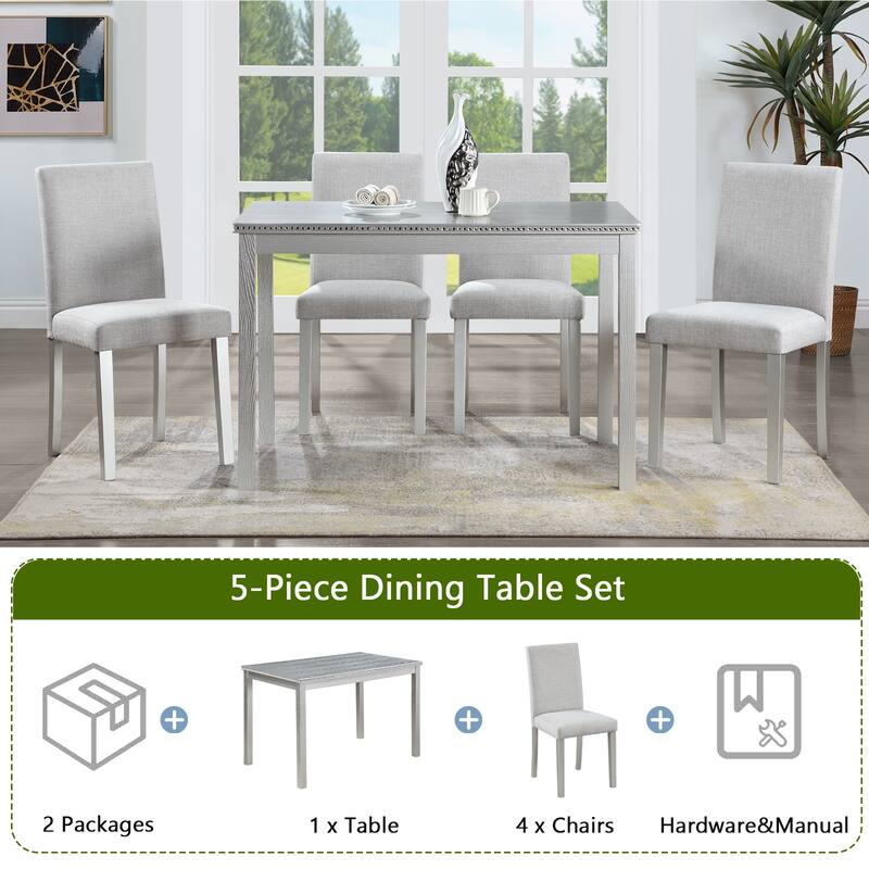 5-Piece, Modern Dining Table Set with Crystal-Embellished Dining Table and 4 Upholstered Dining Chairs, for Dining Rooms, White