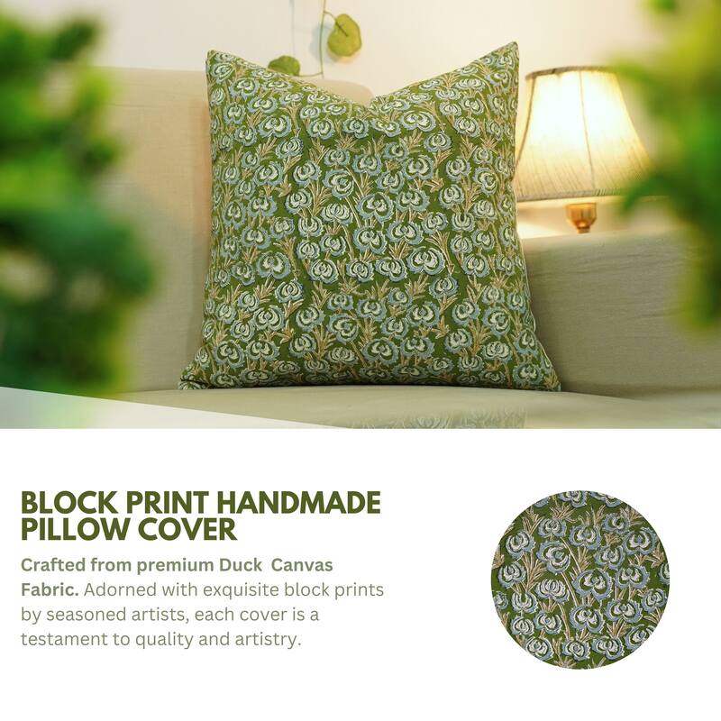 Cotton Farmhouse Block print pillow Cover - Heart Vine