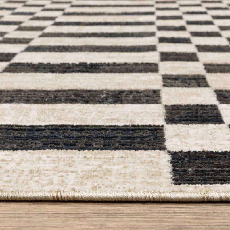 Hansel Blocks and Stripes Beige/ Black Area Rug