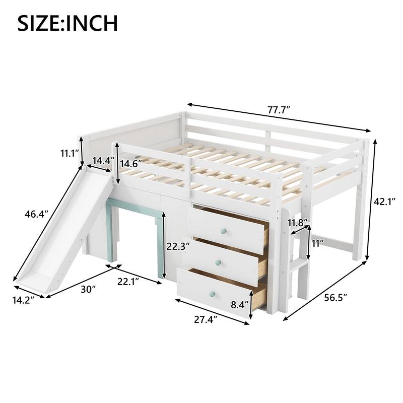 Full Size Low Loft Bed with Slide, Three Drawers, Two Doors, White