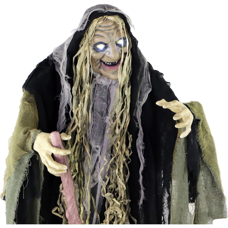 Haunted Hill Farm Life-Size Animatronic Witch, Indoor/Outdoor Halloween Decoration, Light-up White Eyes, Poseable