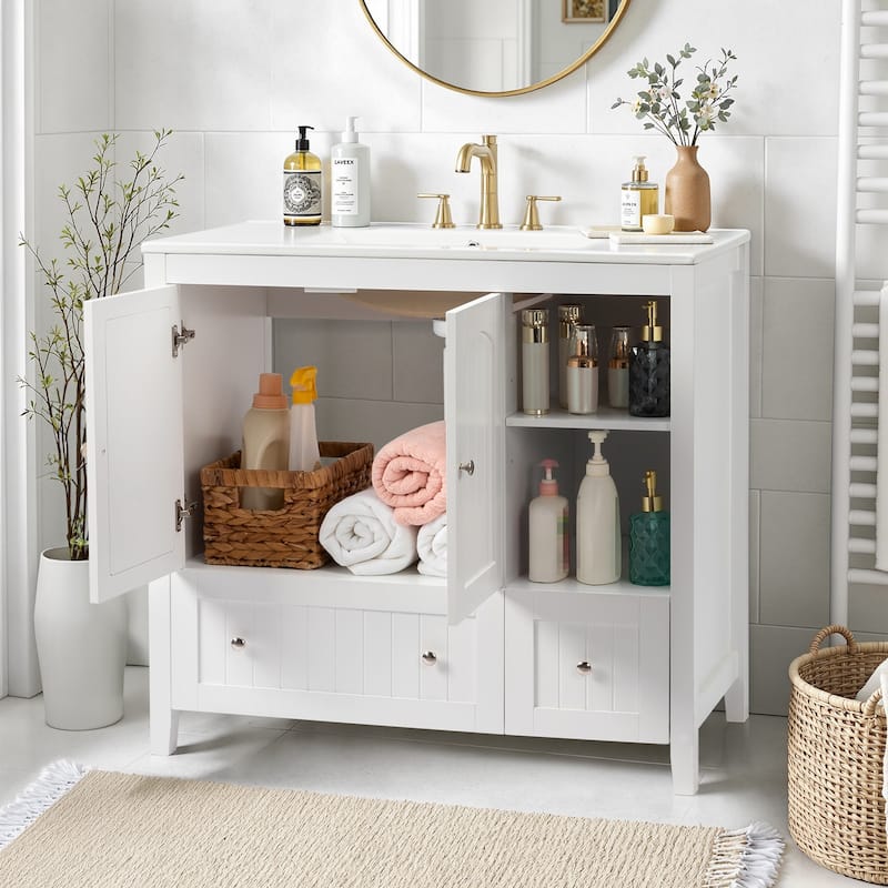 Modern Lacquered Bathroom Organizer Cabinet with Two Drawers and Dual Doors for Storage - 35.82”(H) x 18.11(W) x 32.28 (D)