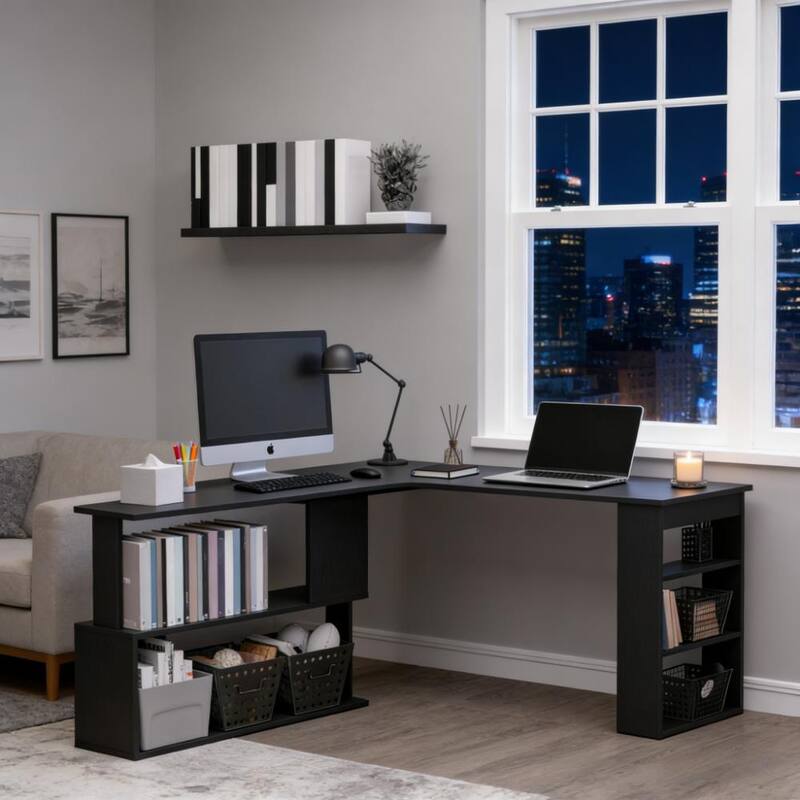 Spacious Writing Table Workstation,L Shaped Corner Computer Desk,360° Rotating Home Office Desk