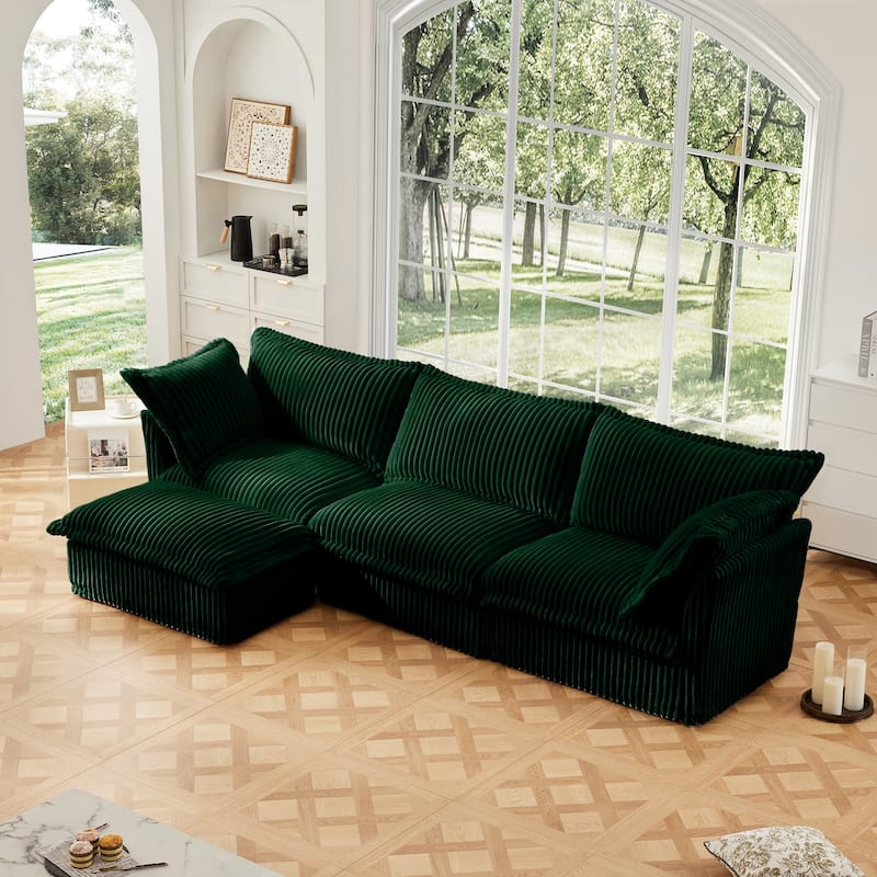 Modern L-Shaped 3-Seater Slipcovered Corduroy Sectional with Ottoman - Green