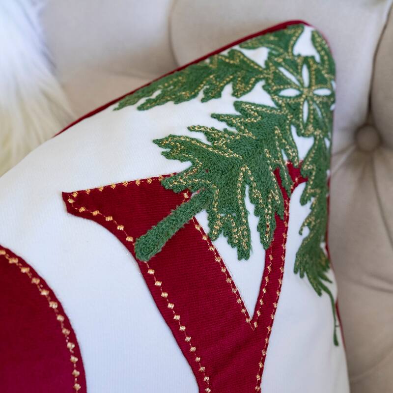 JOY Embroidered Christmas Throw Pillow - 14x20" Velvet Lumbar Cushion in Red and White with Green Holiday Accents