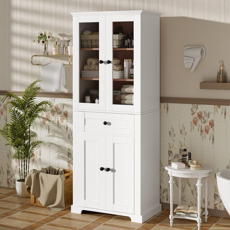 Bathroom Cabinet with Tempered Glass Doors, Adjustable Shelves & Drawer , Soft-Close - White