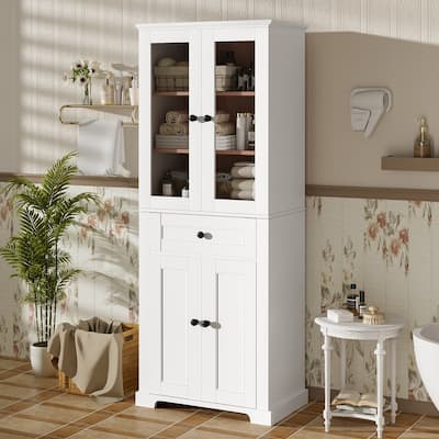 Bathroom Cabinet with Tempered Glass Doors, Adjustable Shelves & Drawer , Soft-Close