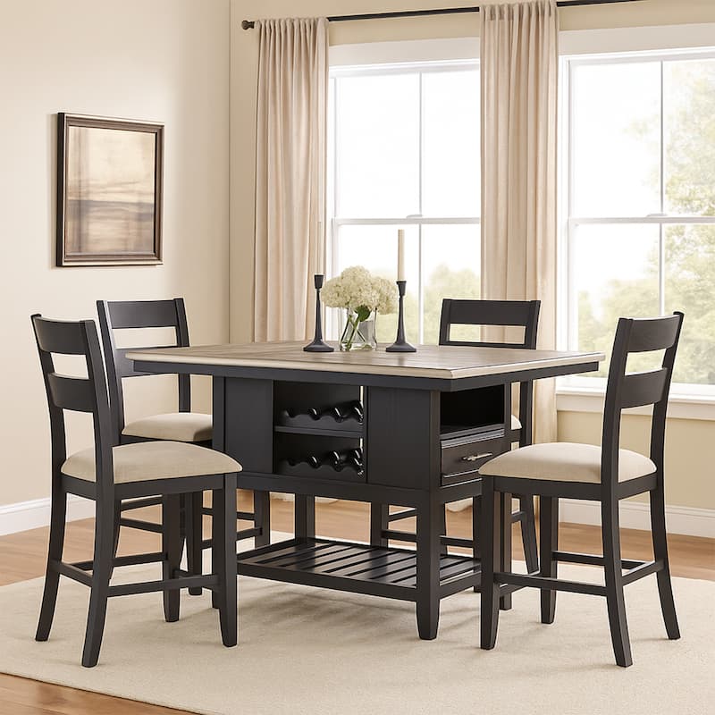 Kara 60 Inch Counter Height Dining Table, Lower Shelves, Wood, Black, Beige