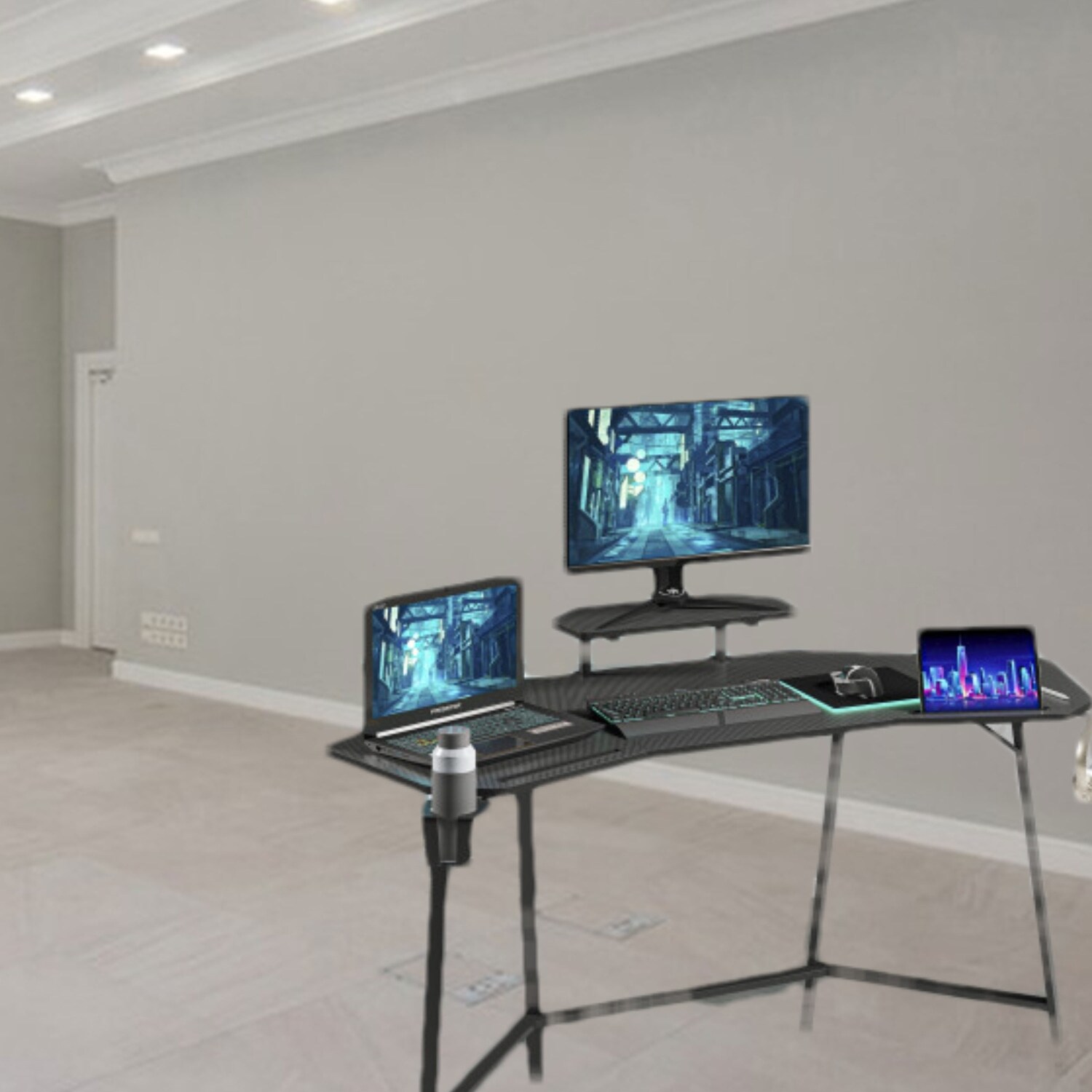 Sleek Gaming Desk with Carbon Fiber MDF Surface Retractable Accessory Holders Adjustable Monitor Shelf for Single Setup