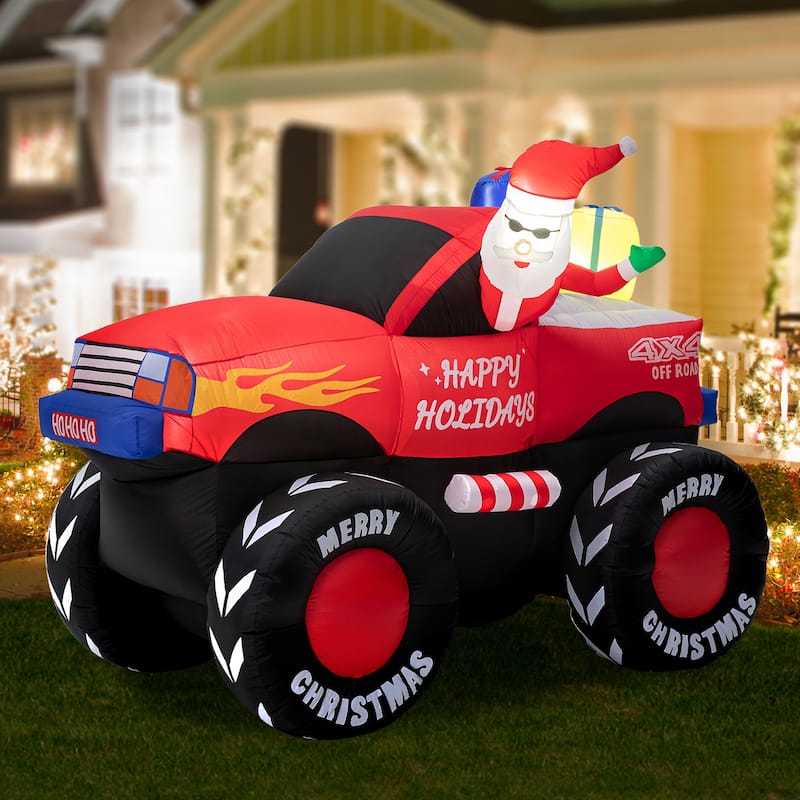Glitzhome 7FT Lighted Santa Claus On Pick Up Vehicle Inflatable Decor