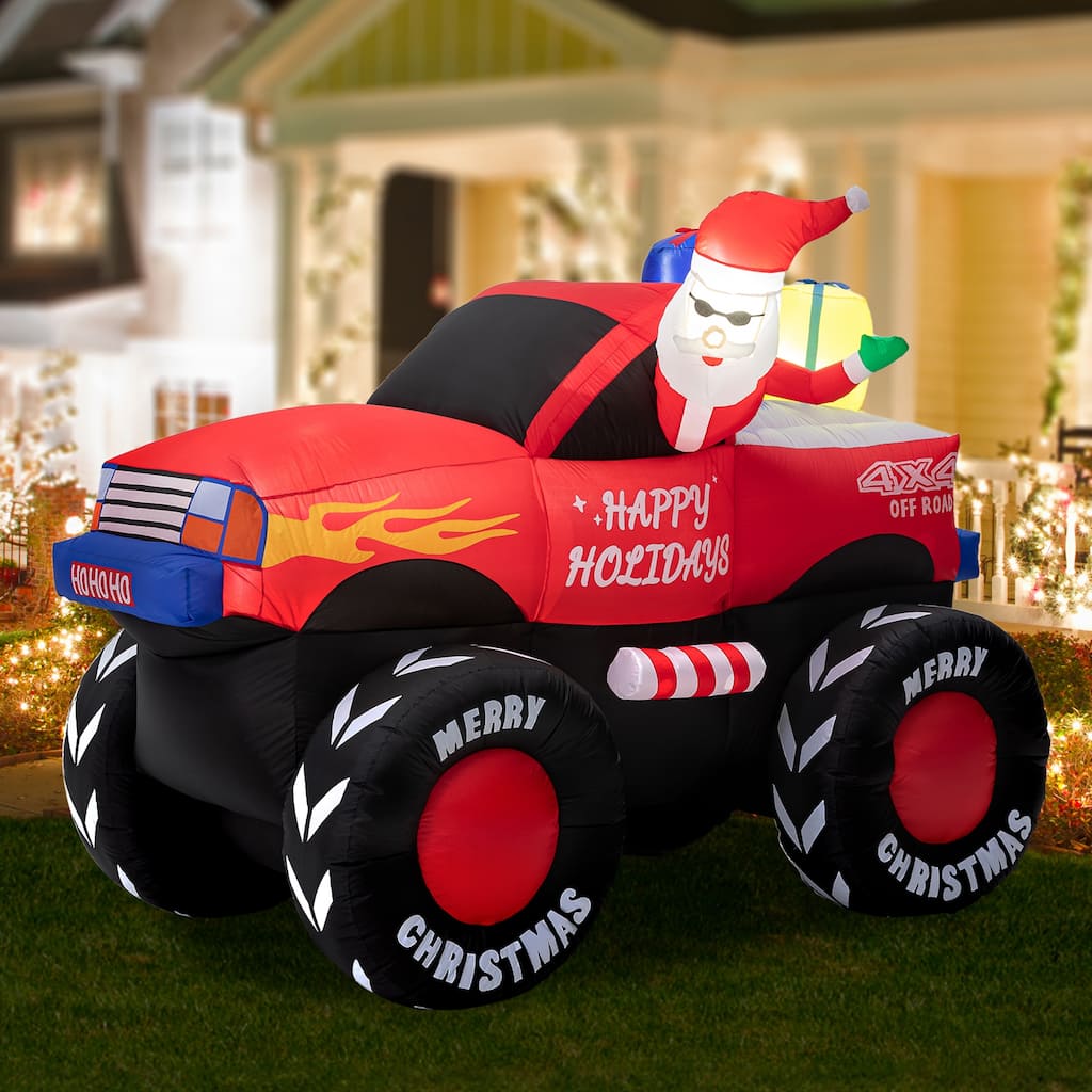 Glitzhome 7FT Lighted Santa Claus On Pick Up Vehicle Inflatable Decor