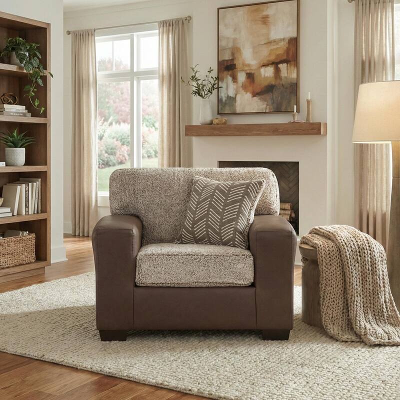 Roundhill Furniture Marvella Living Room Chair with Chocolate Faux Leather Upholstery and Curly Shearling Cushions