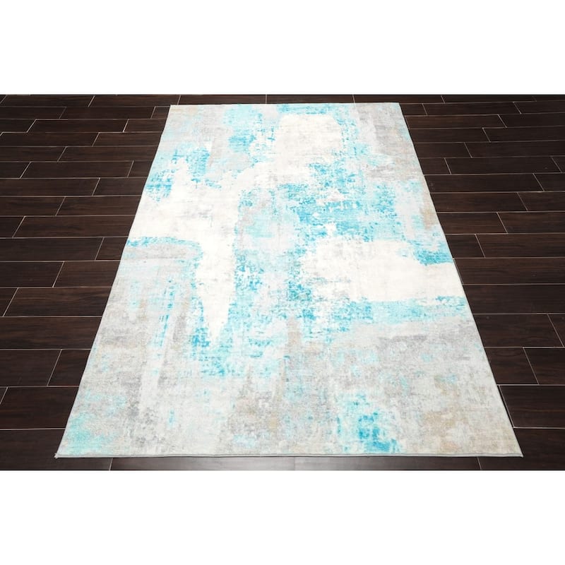 4'x6' Machine Made Cotton Oriental Area Rug Aqua, Beige Color