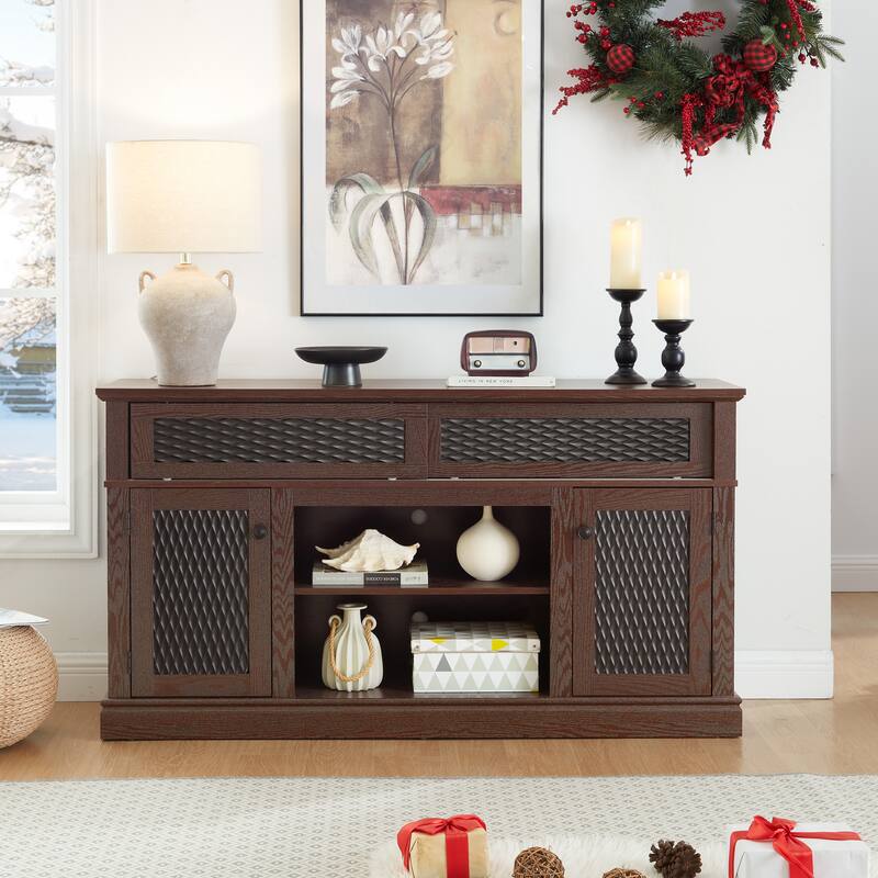 2 Door Embossed Pattern TV Stand with Open Storage Shelf and Sliding Door, Entertainment Center for TVs up to 65''