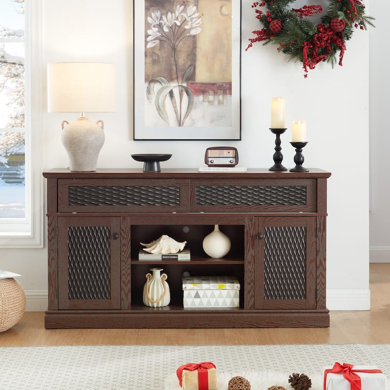 Embossed Pattern TV Stand for TVs Up to 65", Fireplace TV Stand with Storage Cabinet - Cherry - 58"