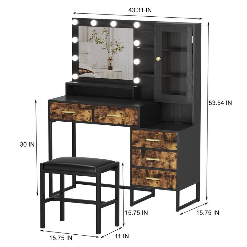 Vanity Desk with Mirror & LED Lights, Charging Station, 5 Drawers, Shelves & Stool