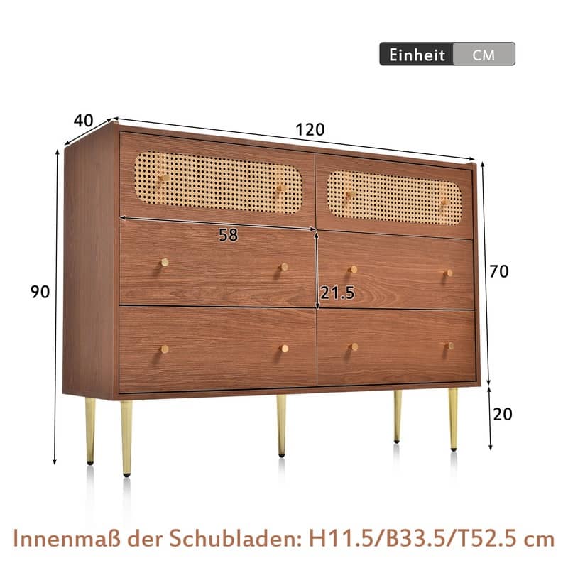 6 Drawer chest of drawers rattan chest, walnut -H90/W120/D40 cm - On ...
