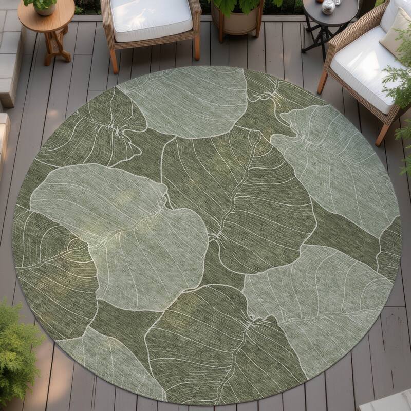 Machine Washable Indoor/ Outdoor Tropical Floral Chantille Rug - Olive - 8' x 8'