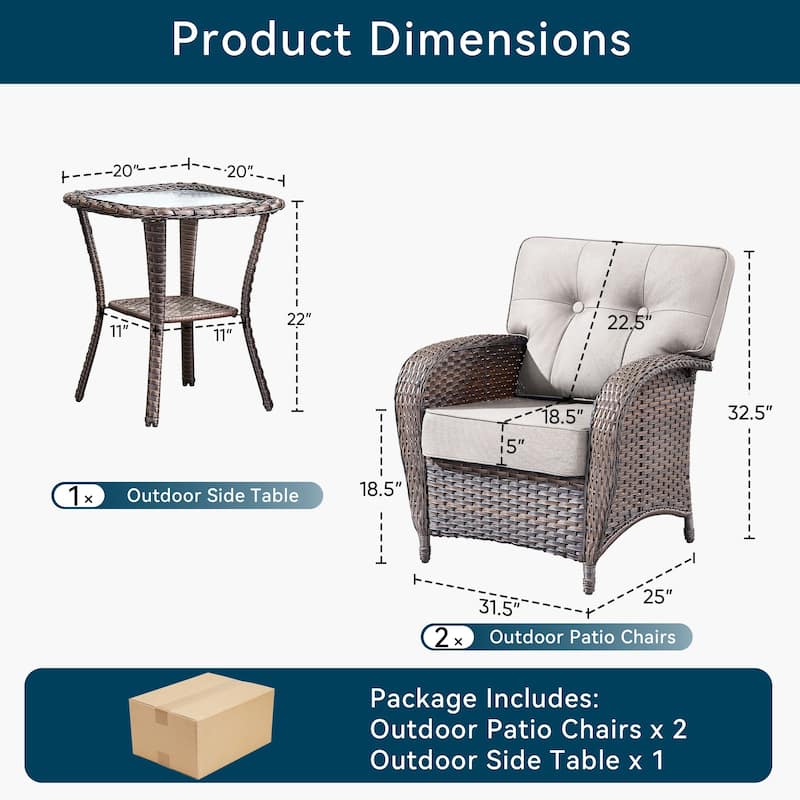 3 Pieces Outdoor Patio Chairs with Side Table All Weather