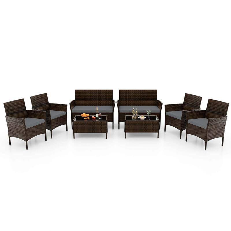 8 PCS Outdoor Rattan Conversation Set Patio Wicker Furniture Set - Grey