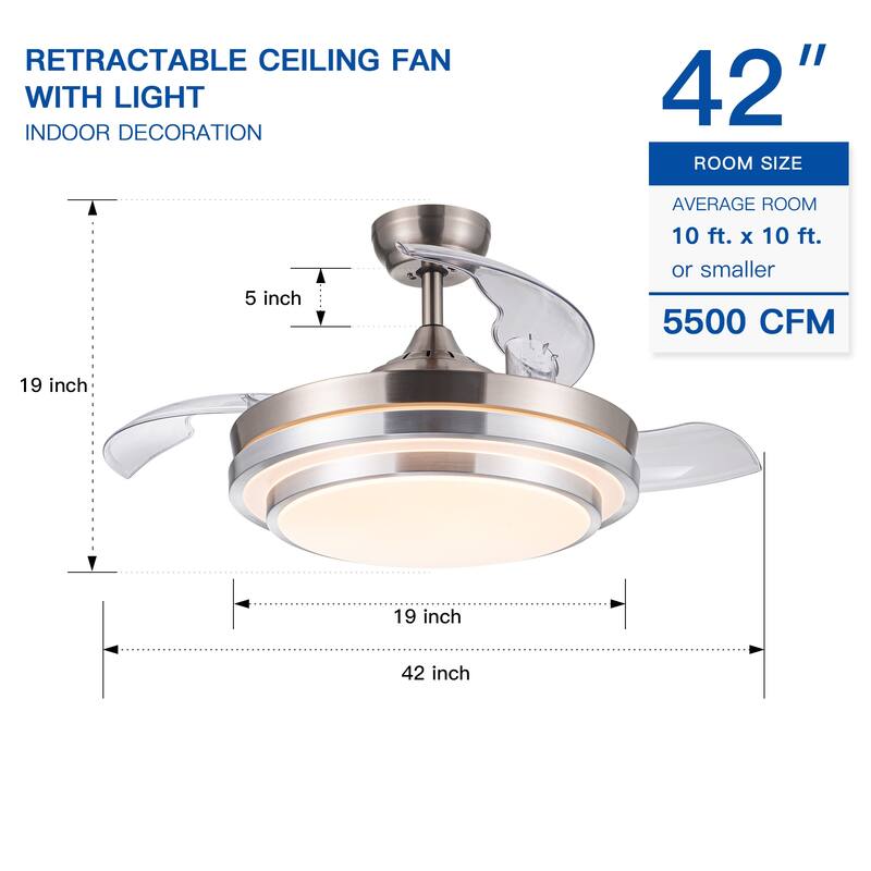 42" Retractable Ceiling Fan with Remote Control and 6-Speed