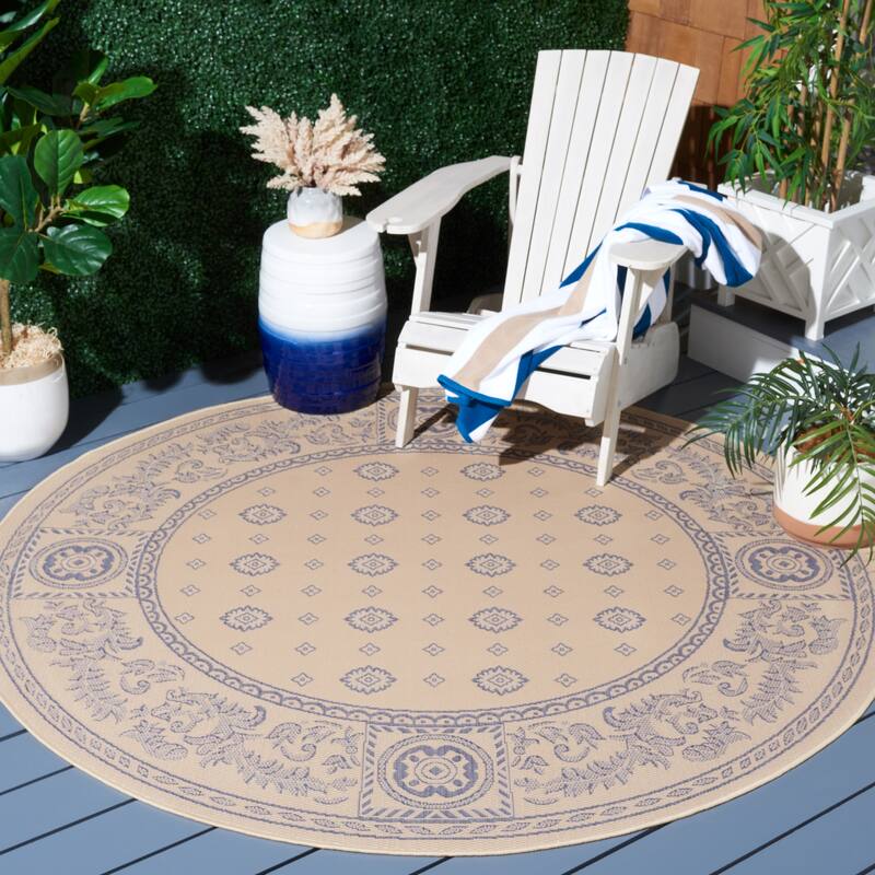 SAFAVIEH Courtyard Steve Indoor/ Outdoor Waterproof Patio Backyard Rug - 6'7" Round - Natural/Blue