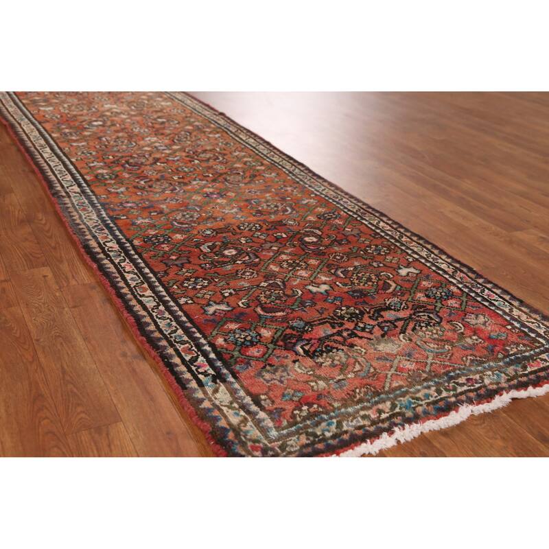 Hand Knotted Oriental 100% Wool Carpet Traditional All-Over Oranges & Rust Hamedan Runner Rug - 8' 2'' X 2' 8''