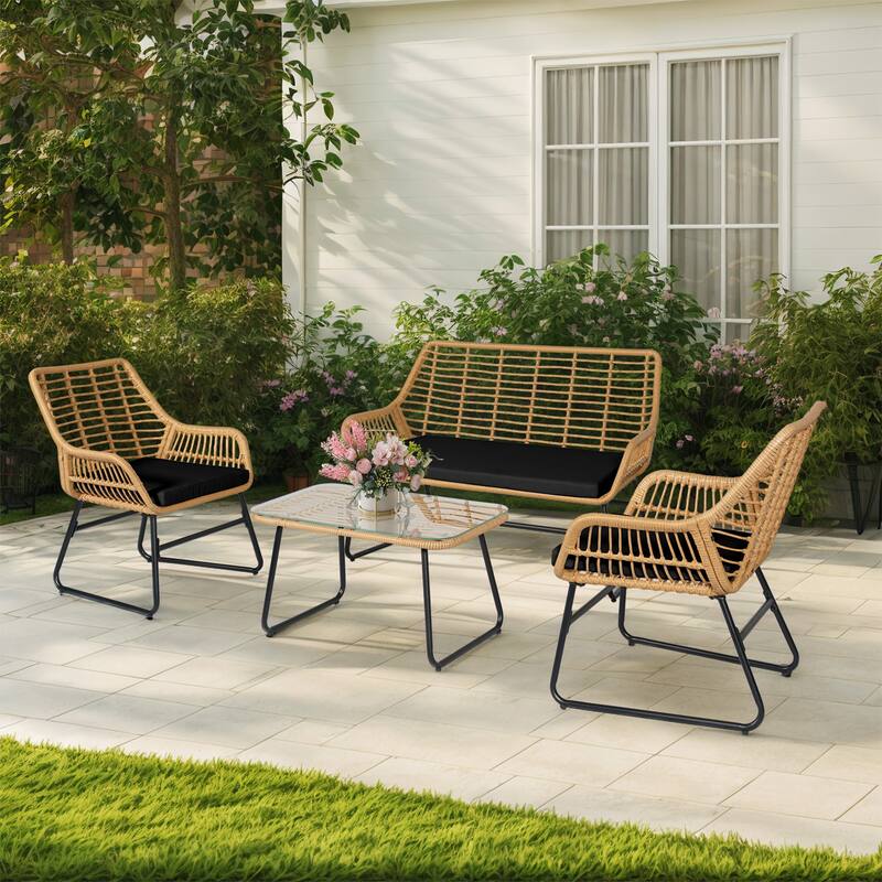 4 Piece Patio Furniture Set, Outdoor Wicker Conversation Set with Loveseat,Chairs and Table - 47.2" W x 24.4" D x 31.9" H