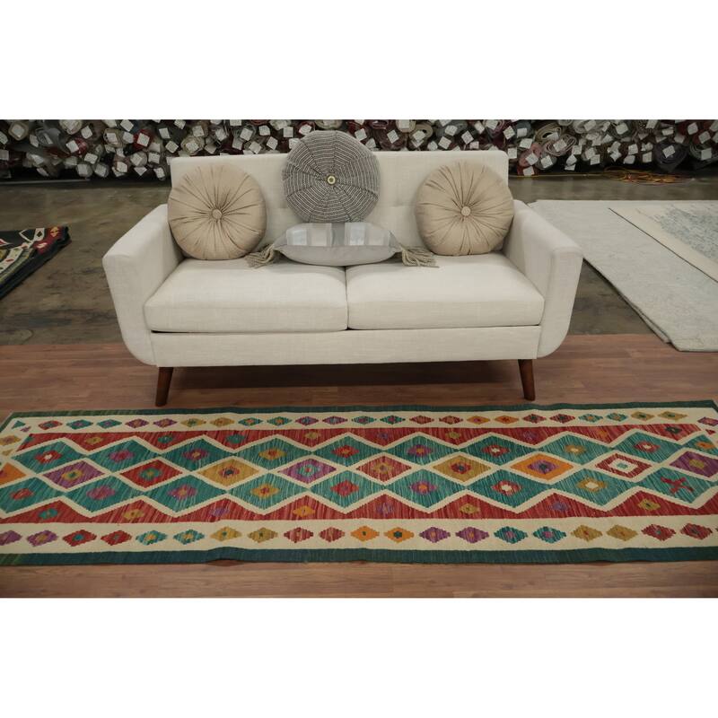 Hand Woven Oriental 100% Wool Carpet Southwestern Modern Green Kilim Runner Rug - 8' 10'' X 2' 7''