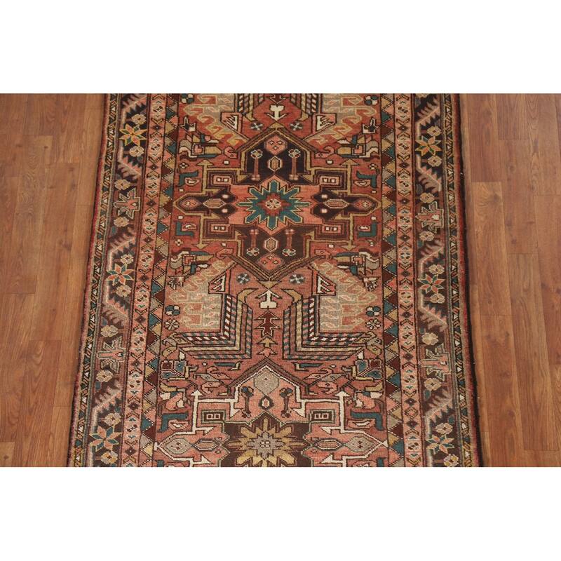Geometric Handmade Heriz Persian Vintage Runner Rug - 3'5"x 10'7"