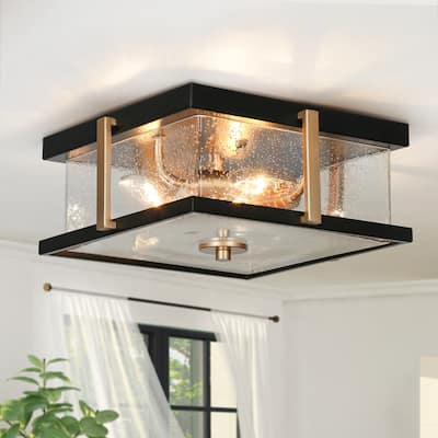 Modern 3-Light Black Gold Square Glass Flush Mount Ceiling Foyer Light - 12" L x 12" W x 5.5" H