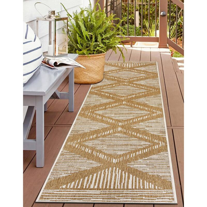 World Rug Gallery Contemporary Geometric Stripe Weather Resistant Reversible Indoor/Outdoor Area Rug - 2' x 7' - Natural