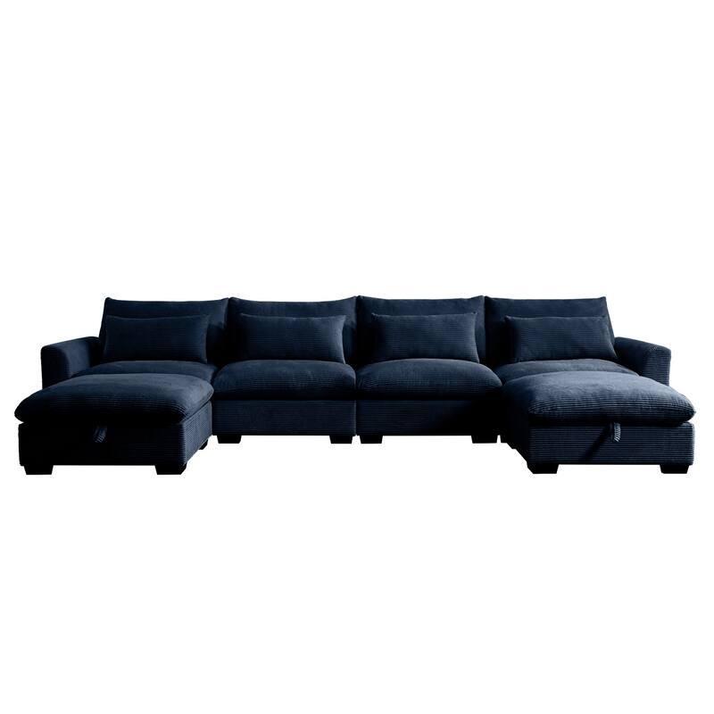 Corduroy Reversible Modular Sectional Sofa with 2 Storage Ottomans and 4 Waist Pillows