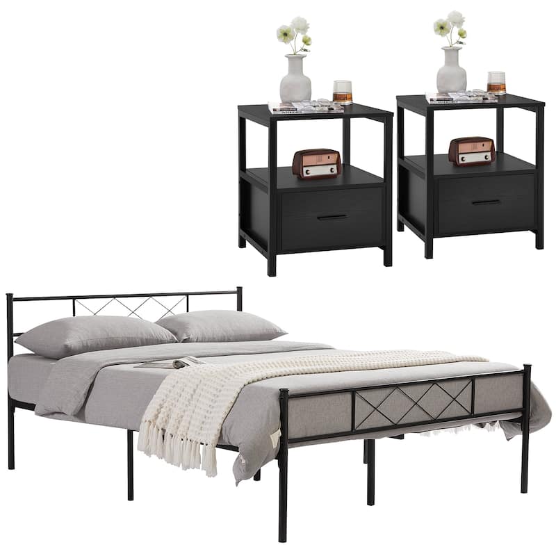 VECELO Industrial 3-Piece Bedroom Set Black Platform Bed Frame with Headboard and Modern Nightstand Set of 2