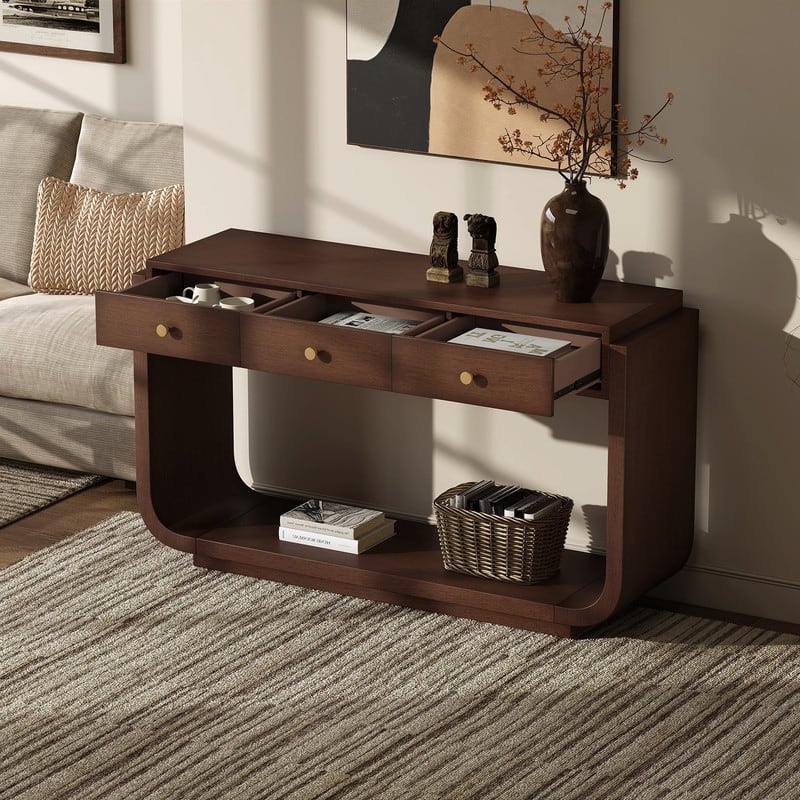 Mid-Century Modern Console Table with 3 Storage Drawers and Display Shelf for Entryway or Living Room Use
