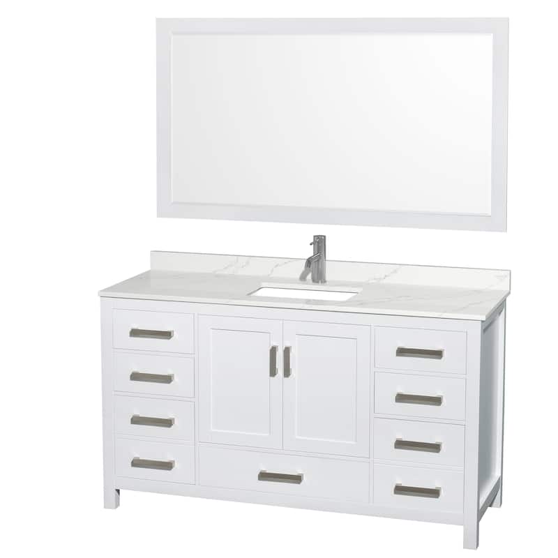 Sheffield 60-inch Single Vanity, Single Hole Quartz Top,58-inch Mirror - White, Chrome Trim, Giotto Quartz Top