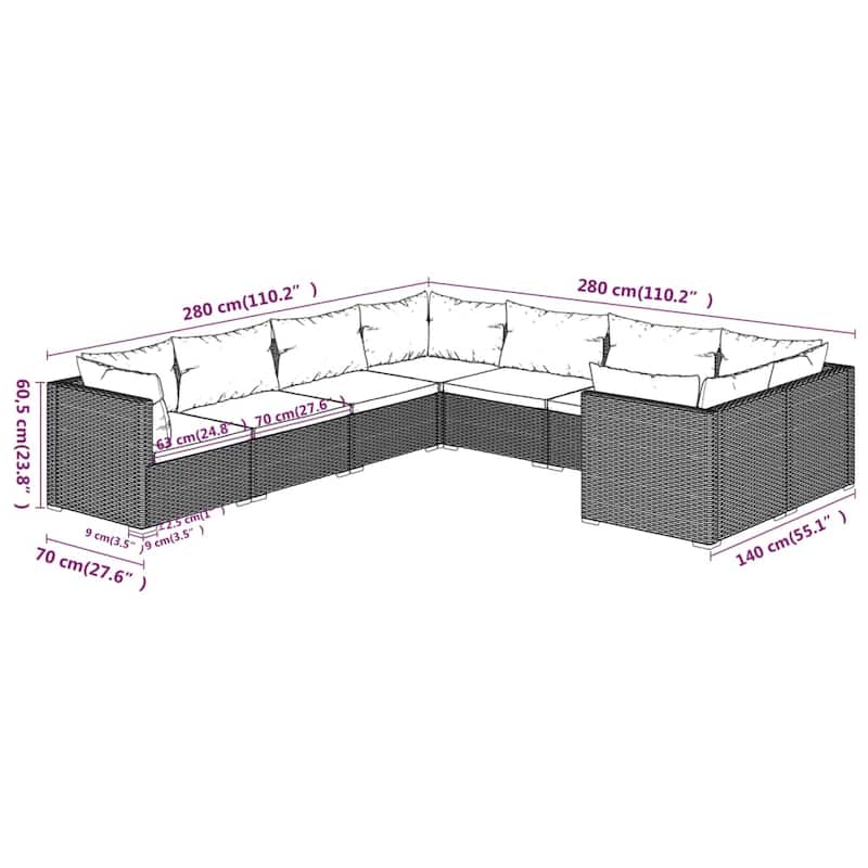 vidaXL Patio Lounge Set with Cushions Poly Rattan Brown - 27.6" x 27.6" x 24" - 27.6" x 27.6" x 24"